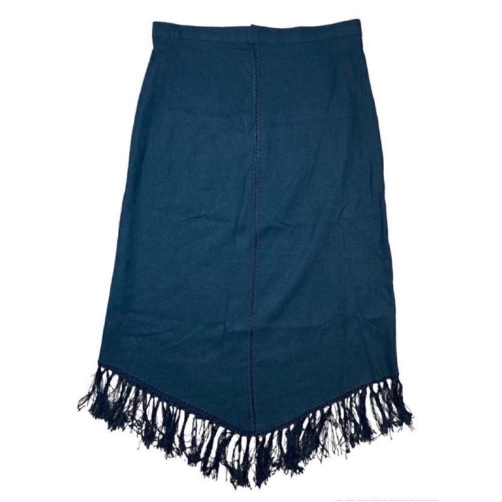 Vintage trendy black linen pointed fringe hem skirt with braided cross stitch